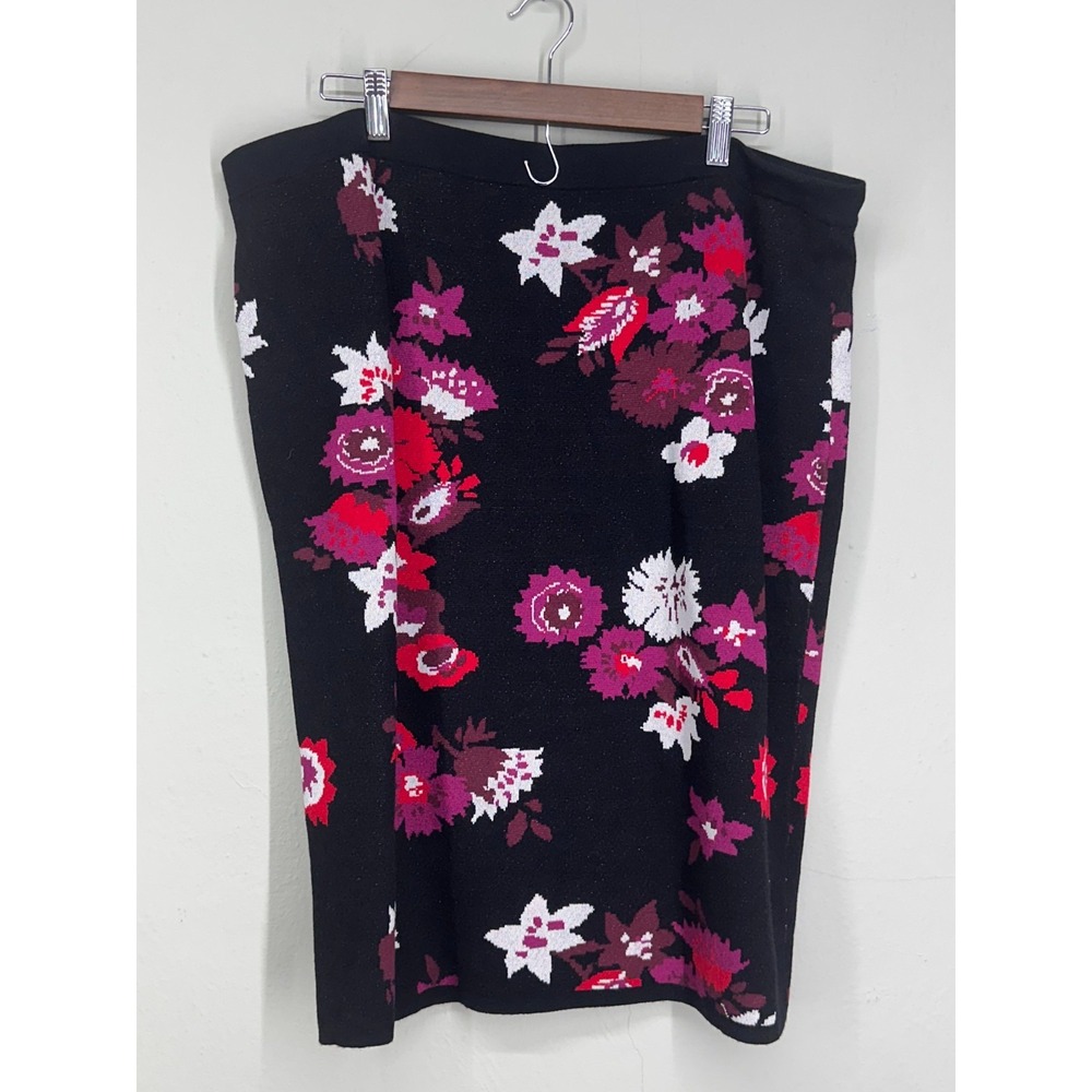 Ann Taylor Knit Stretch Skirt Womens XL Black Pink Floral Elegant Elastic Waist